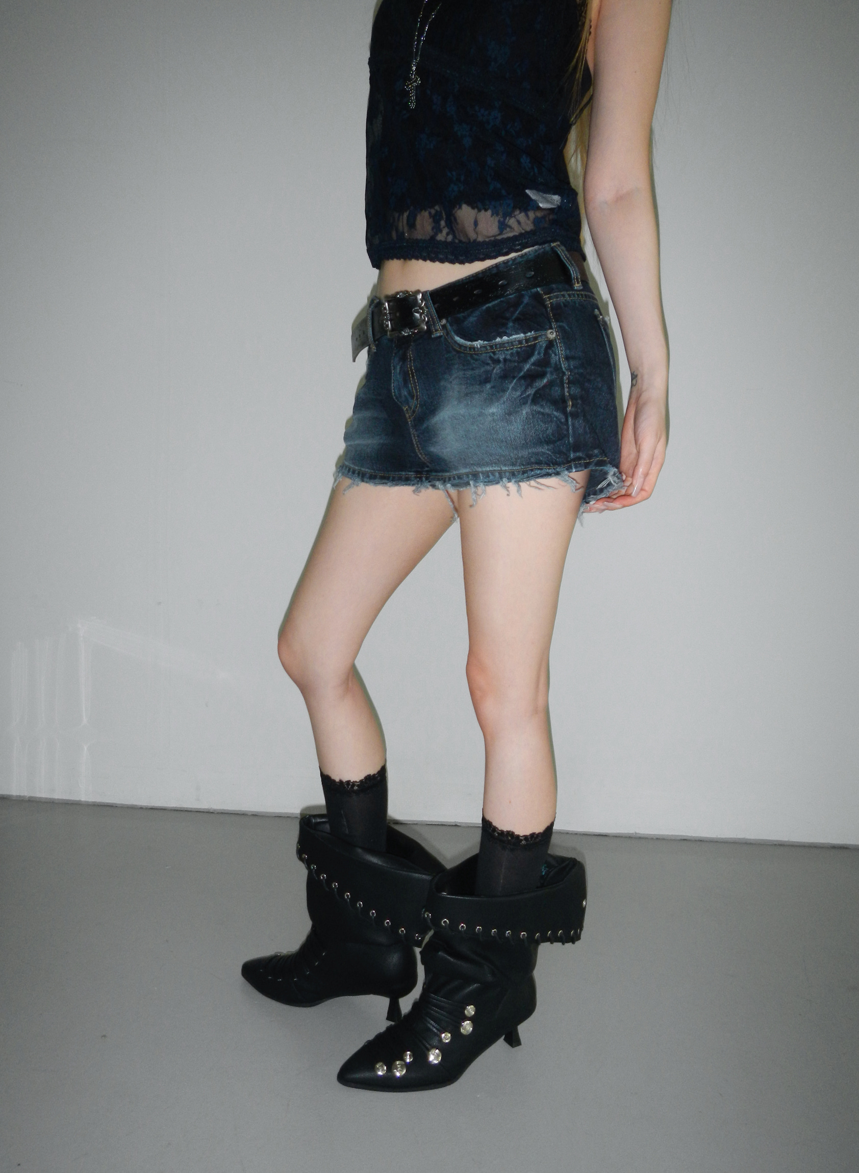 Low-Rise Distressed Denim Shorts