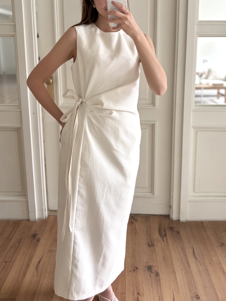 Gathered Waist Tie Dress (Ivory)