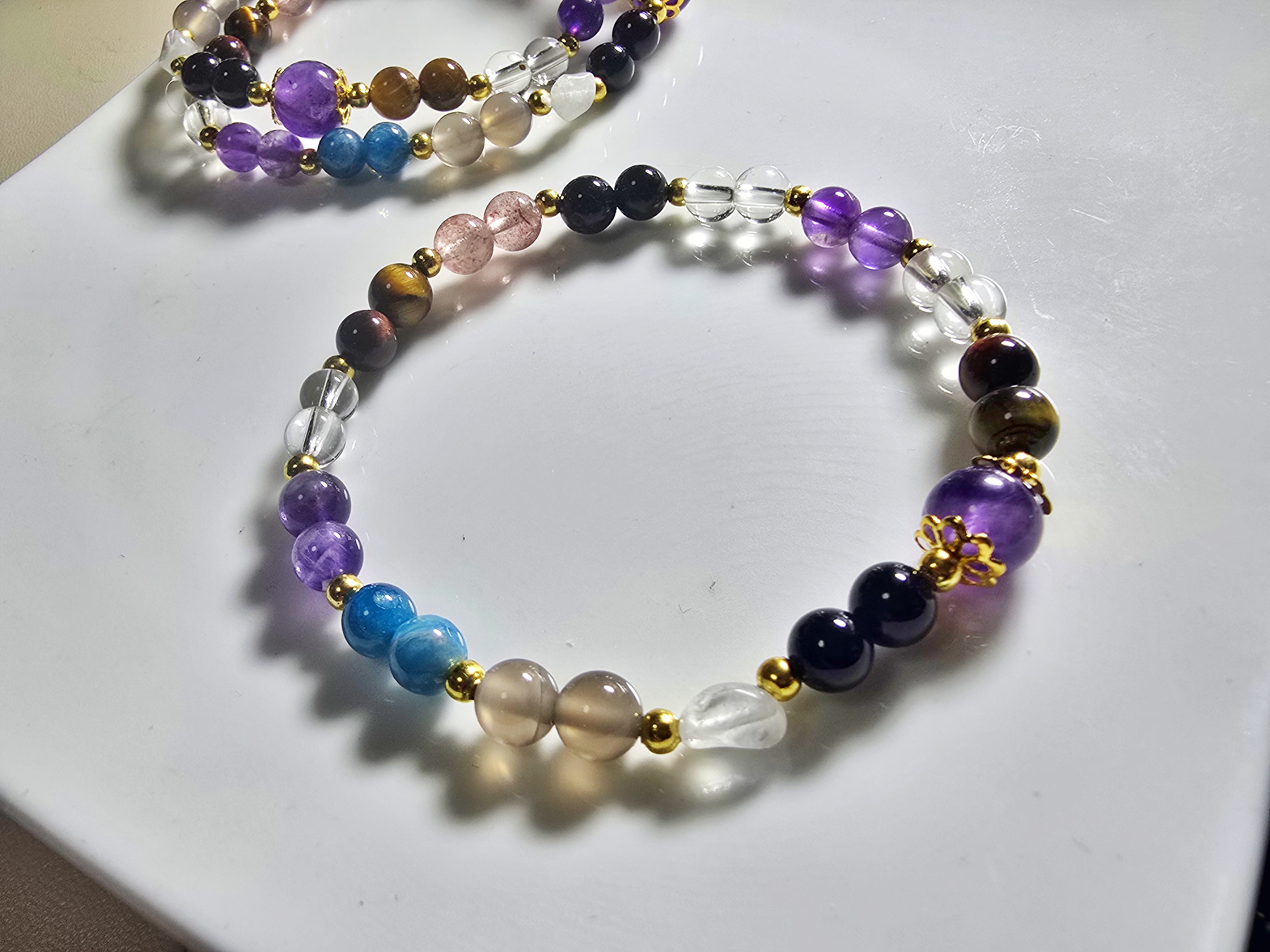 DIY0126-6 天然草莓 月光石 紫水晶 藍磷灰 白水晶 瑪瑙 虎眼石手串