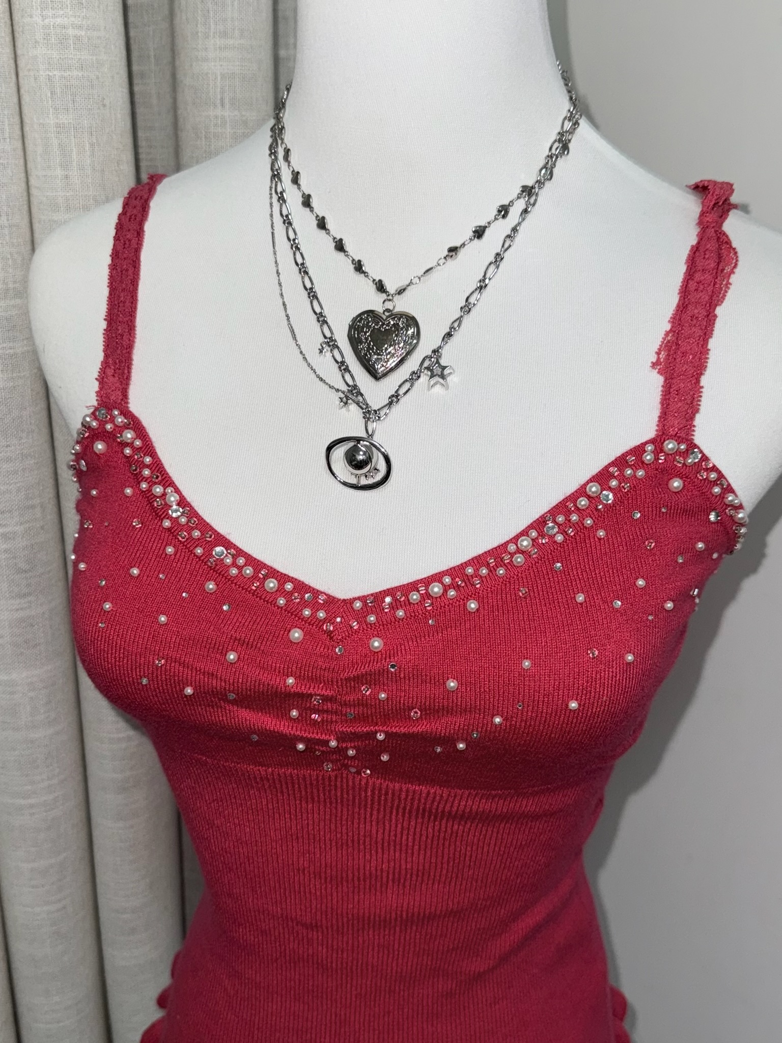 Sweet Y2K Hot Pink Pearl Cami with Ruffle Hem