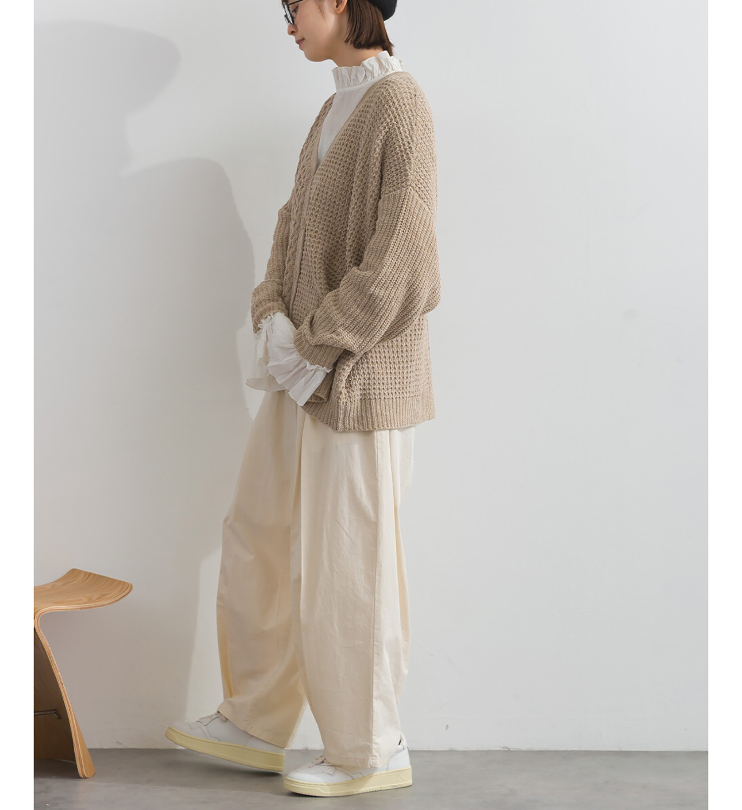 LP - 粗幼拼接冷織開襟毛衣 (杏色)