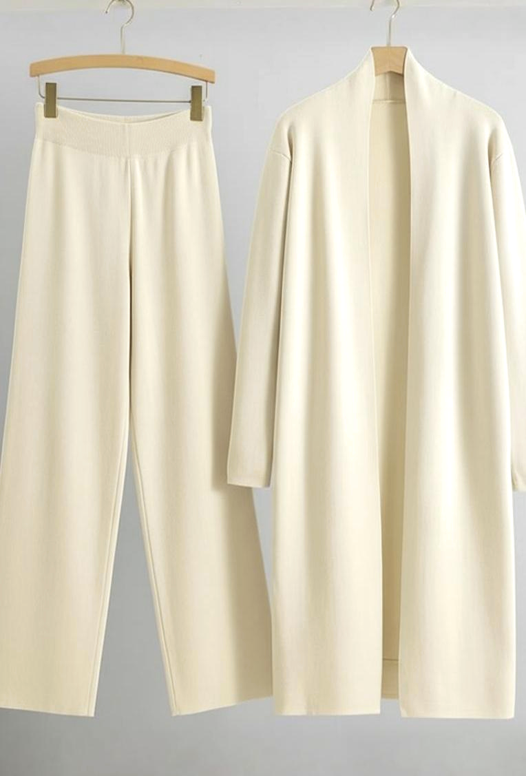 Long Knitted Open Front Cardigan and Sleek Pants