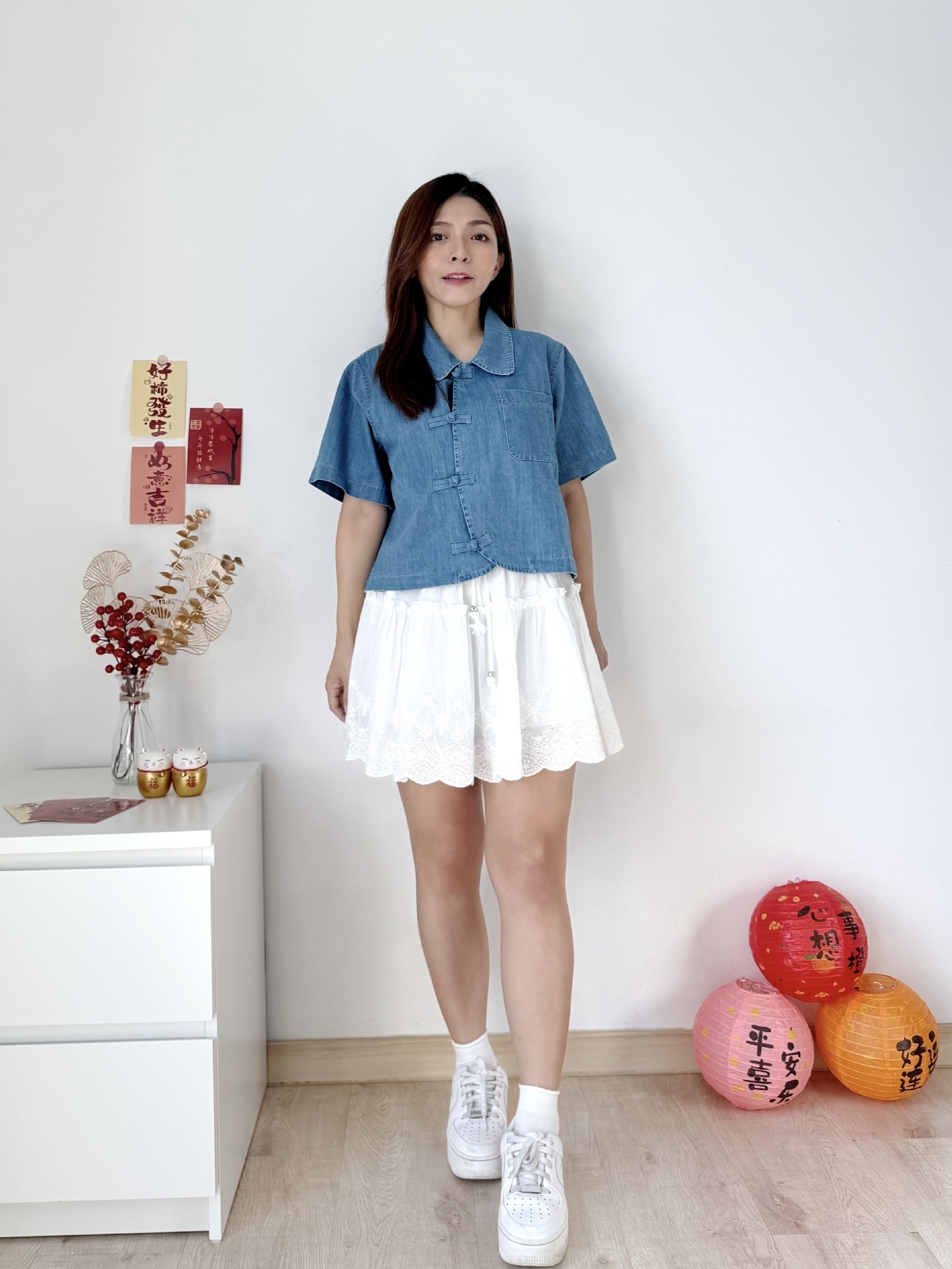 Oriental Polo Denim Blouse 新中式盘扣牛仔上衣 (1 colour )