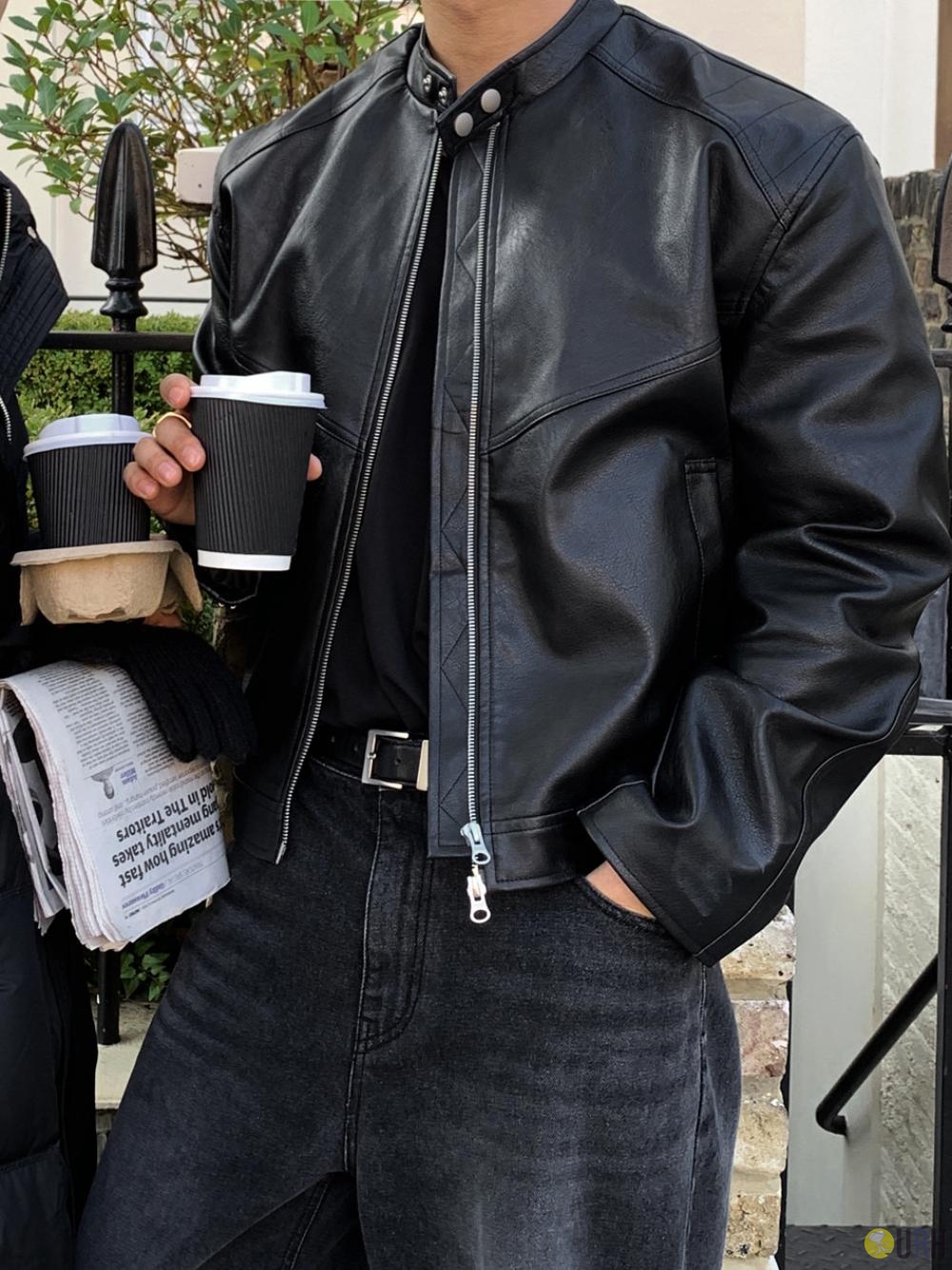 【100%保證韓國直送】經典 2-way 雙向拉鍊半寬鬆皮褸外套 RL114621