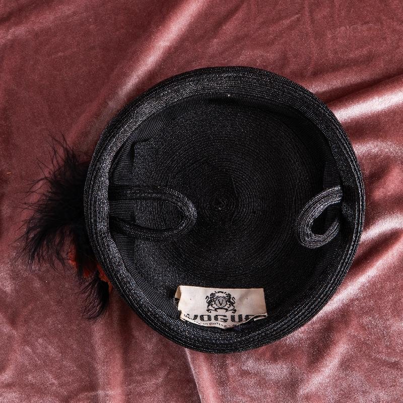 Vintage 1950s Montreal Made VOGUE Charcoal Grey Straw Half Hat with Feather