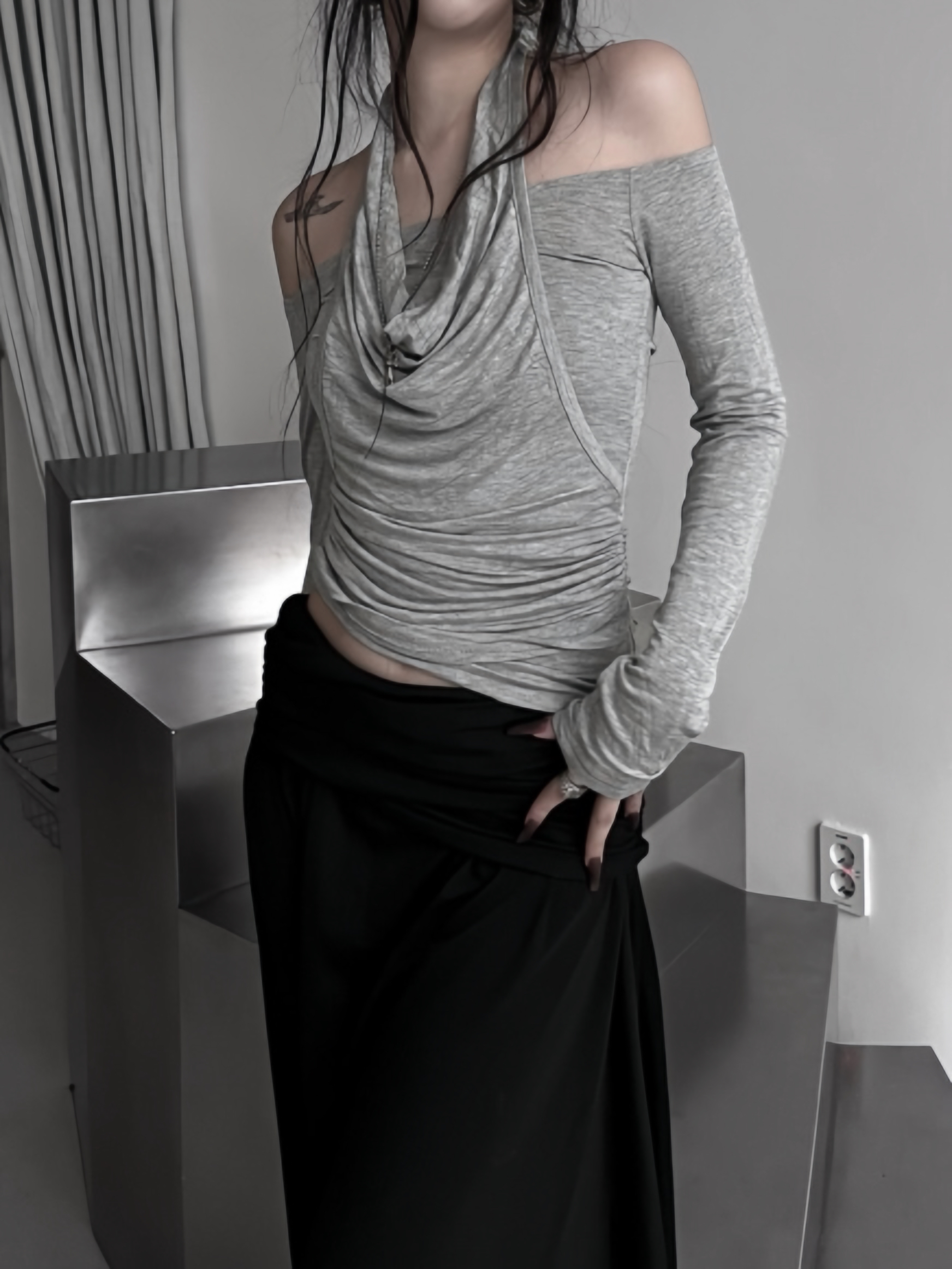 Halter Off-Shoulder Ruched Long Sleeve