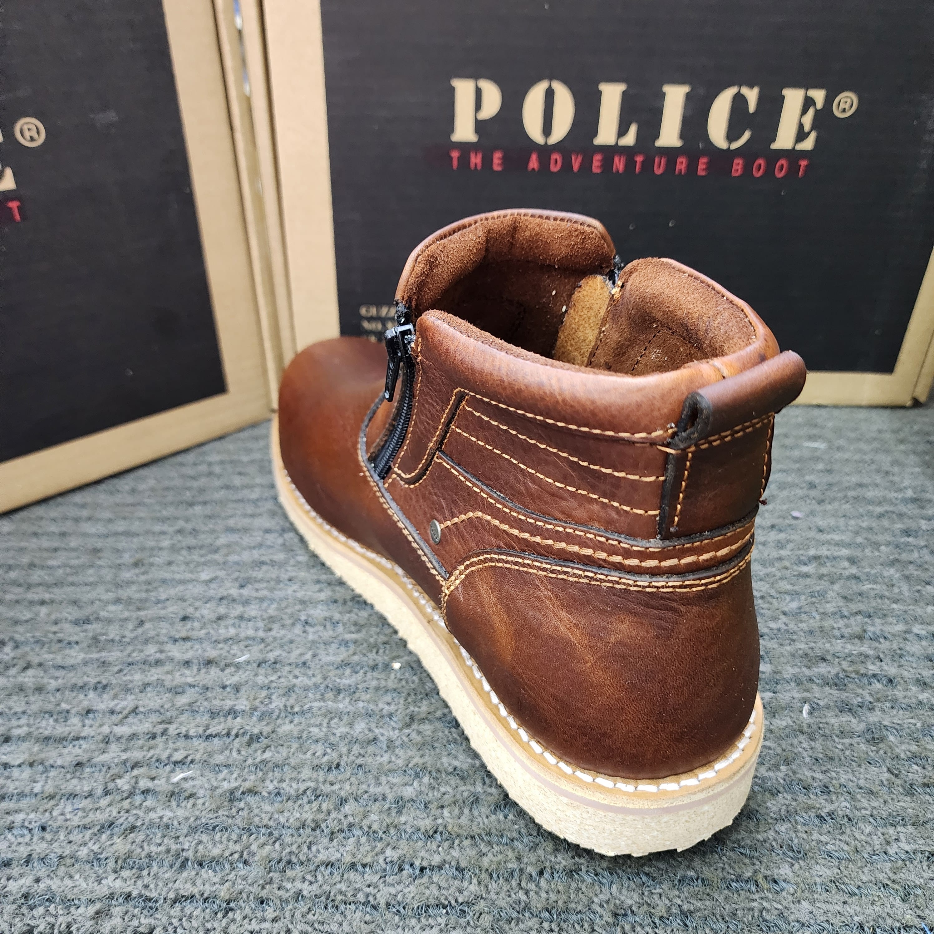 POLICE SAFETY 93597 Zip 93603 Lace Up Mid Cut Leather Safety Shoes Brown Kasut Keselamatan
