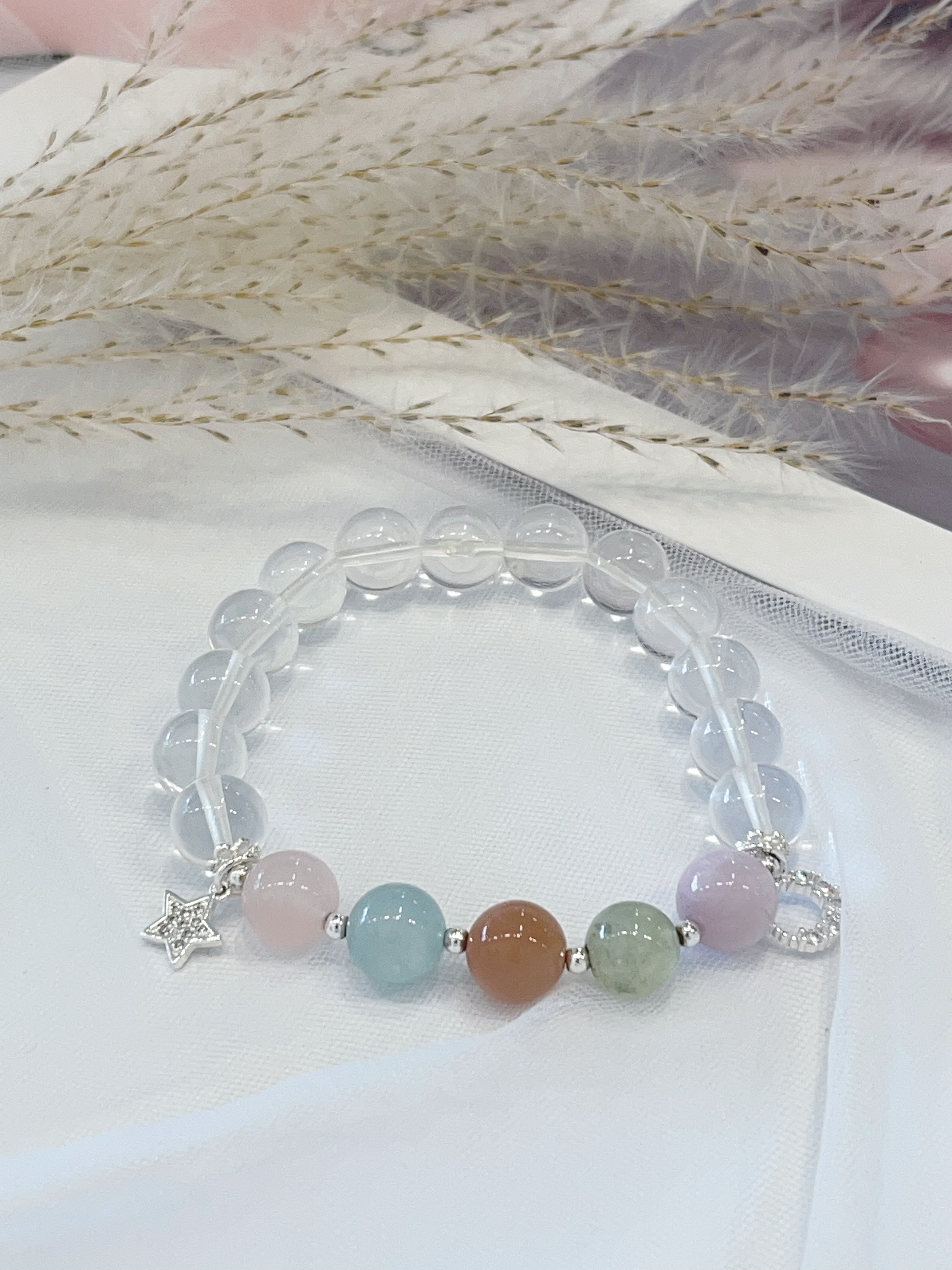 🌙 白水晶 × 多彩水晶 × 星月手串  Clear Quartz & Mixed Crystals｜10.5mm 星月愿望