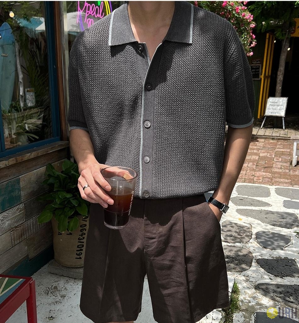 【100%保證韓國直送】Linen Blend Washable透氣撞色短袖翻領針織Cardigan 🧶 [3 color] RG165912