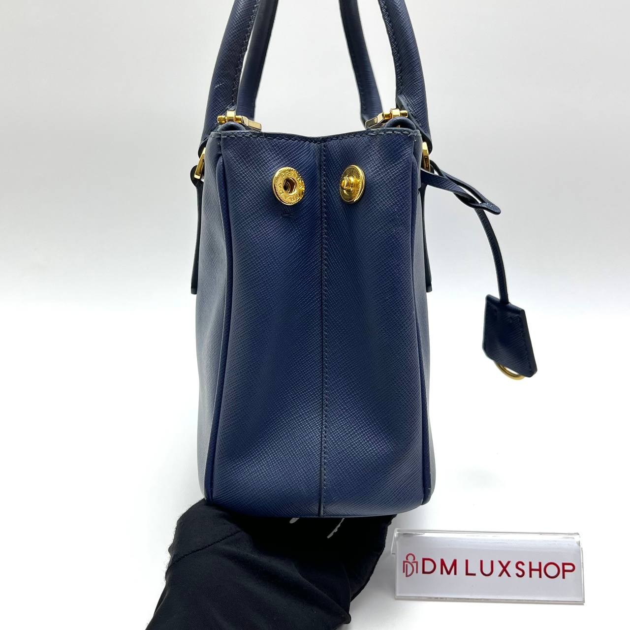 Prada Saffiano Navy Blue Small Double Zip Galleria Lux Tote GHW