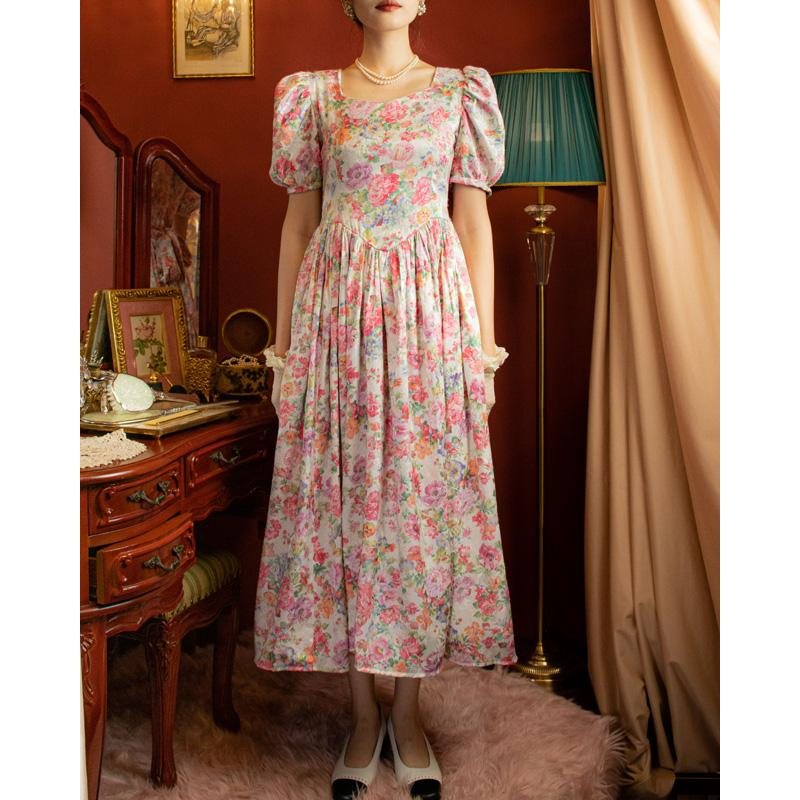 Vintage 1980s Romantic Pink Rose Princess Ankle Length Dress(MT1027)
