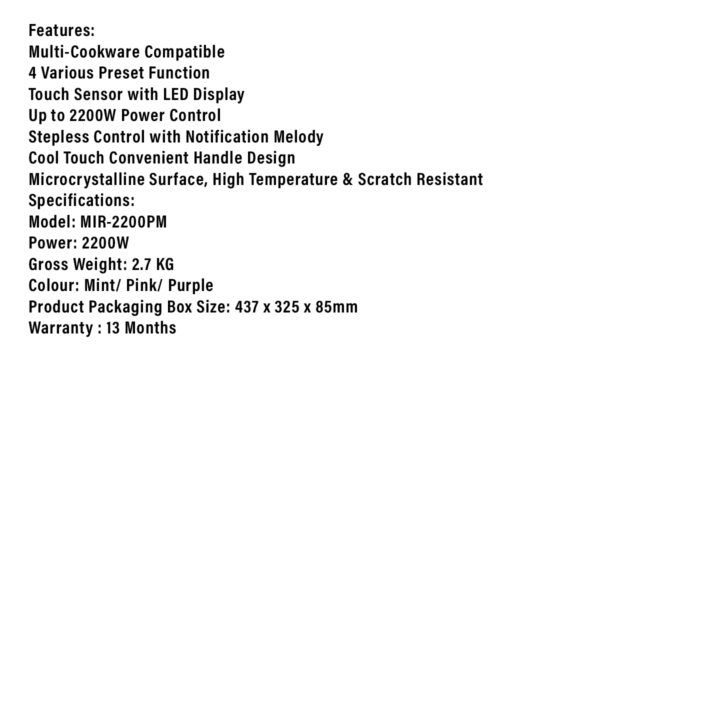 Milux 2200W Ceramic Infrared Cooker (MIR-2200PM)