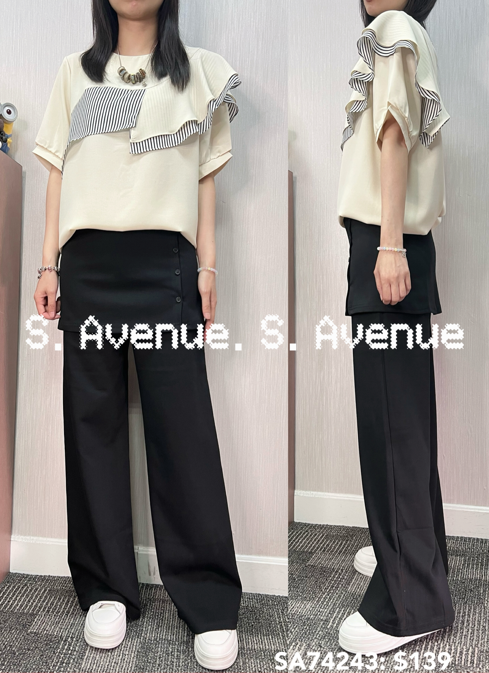 SA74243: 短袖拼直條ruffle雪紡top