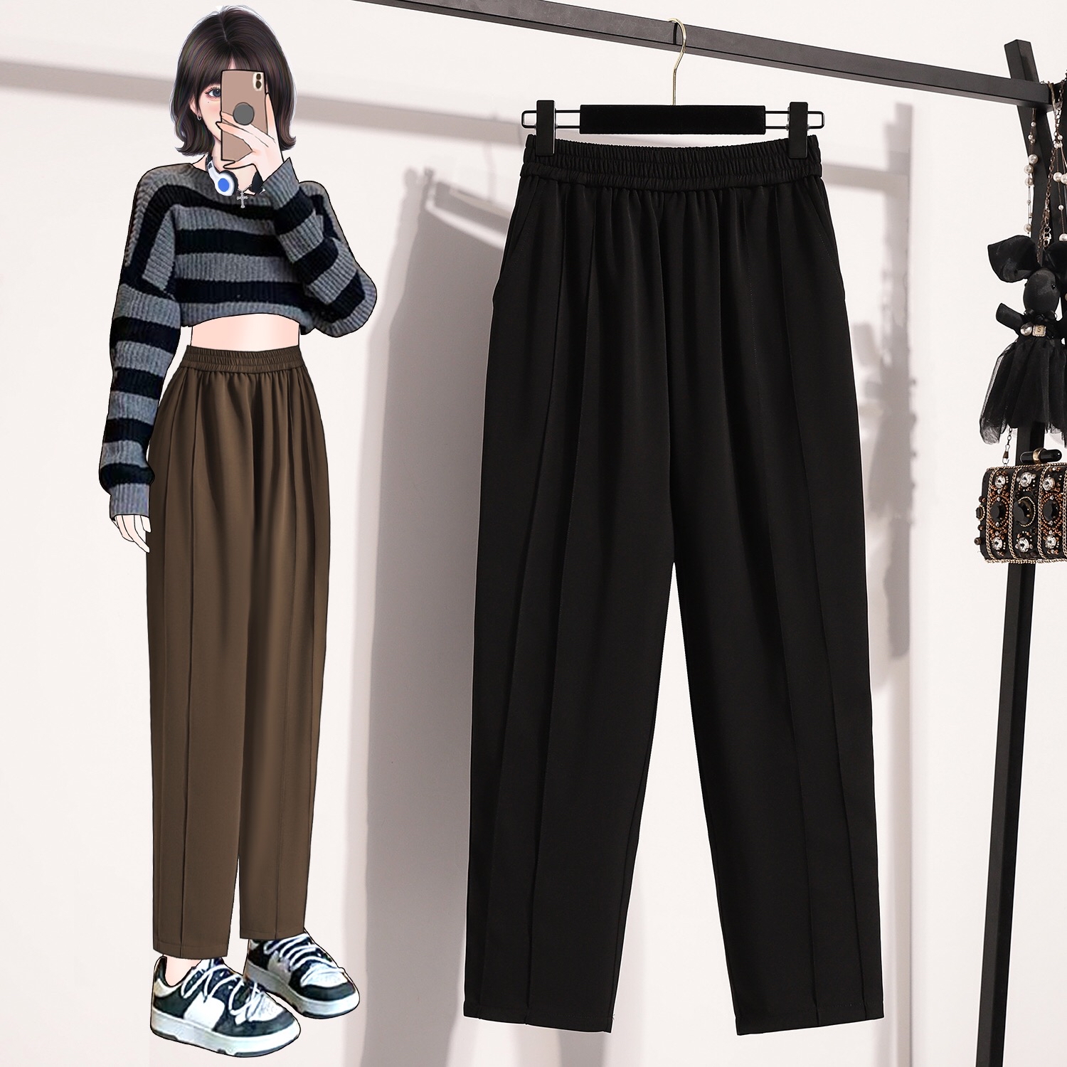 B313(66540) 韩版边暗双线大版显瘦松紧腰黑咖烟管直筒长裤