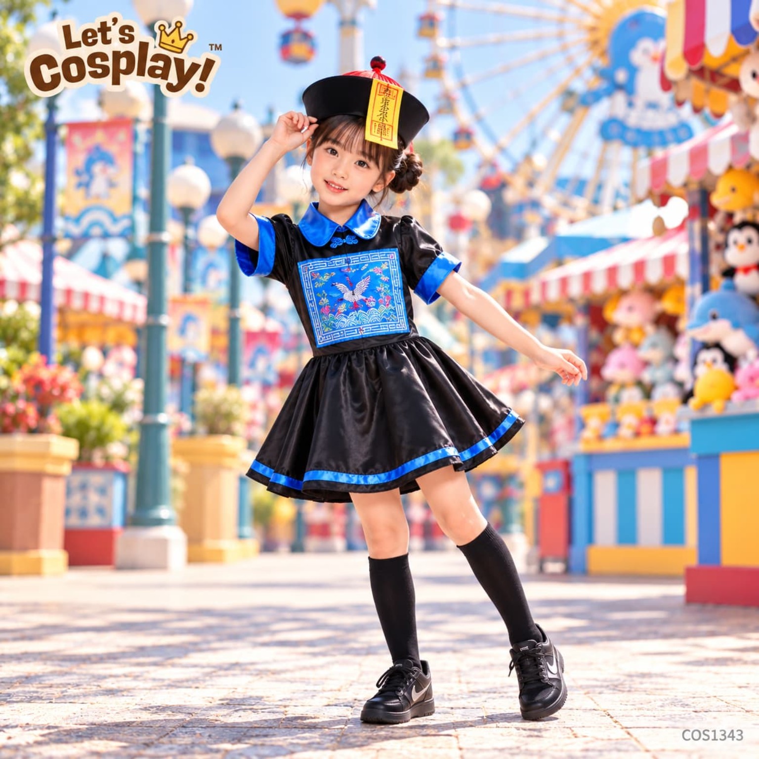 小女童中國殭屍萬聖節服裝｜符咒帽黑藍色連身裙｜兒童Halloween Cosplay 親子裝