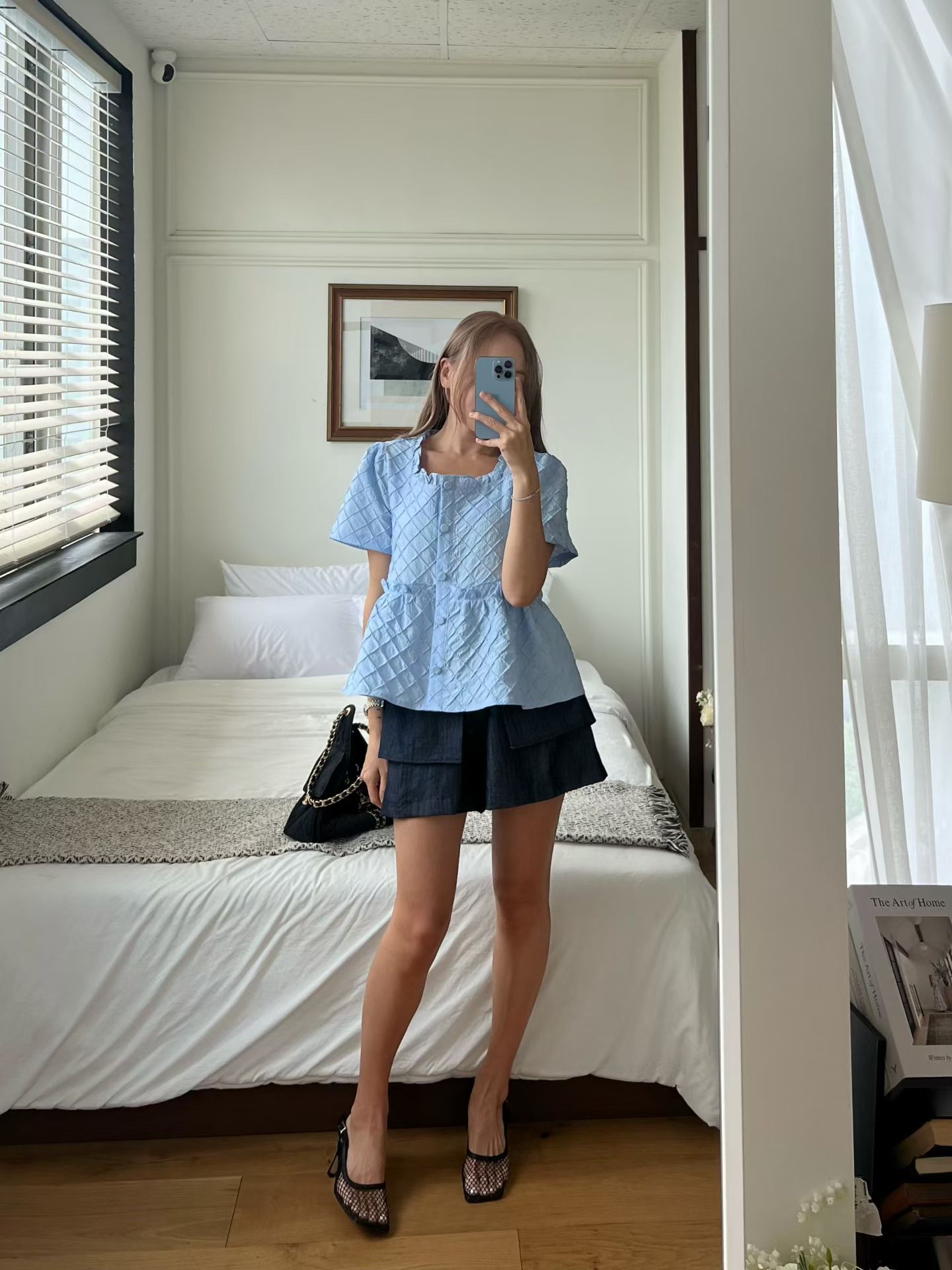 B8 方領荷葉邊菱格修身娃娃衫