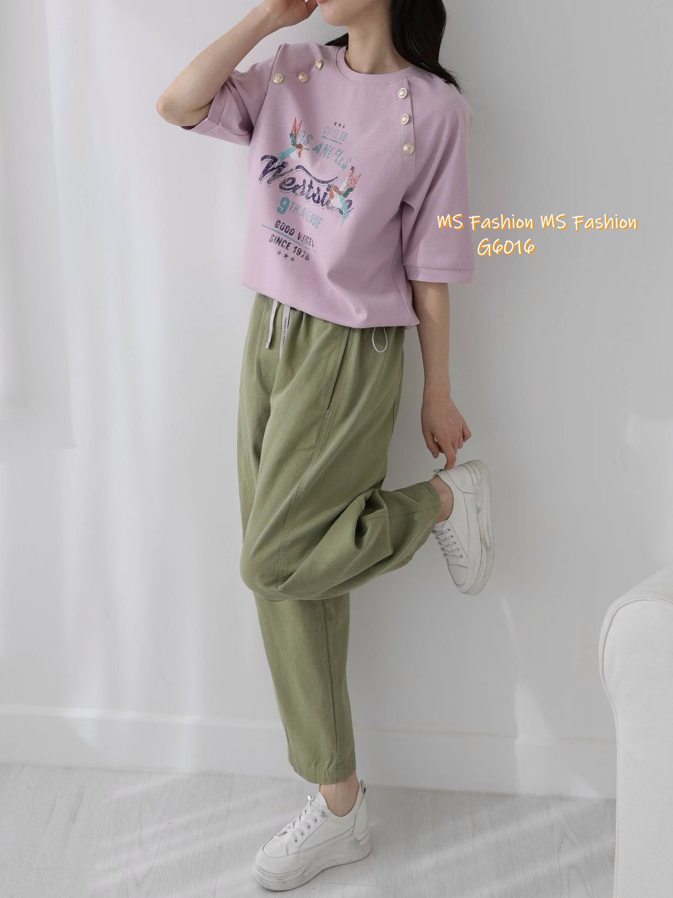 G6016 韓國🇰🇷靚print肩鈕top