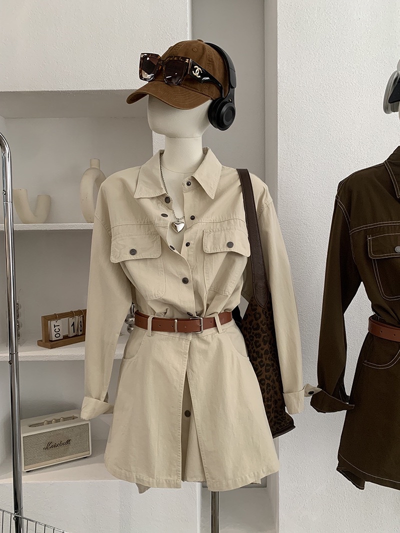 韩版复古宽松单排扣长袖衬衫+高腰屁帘套装