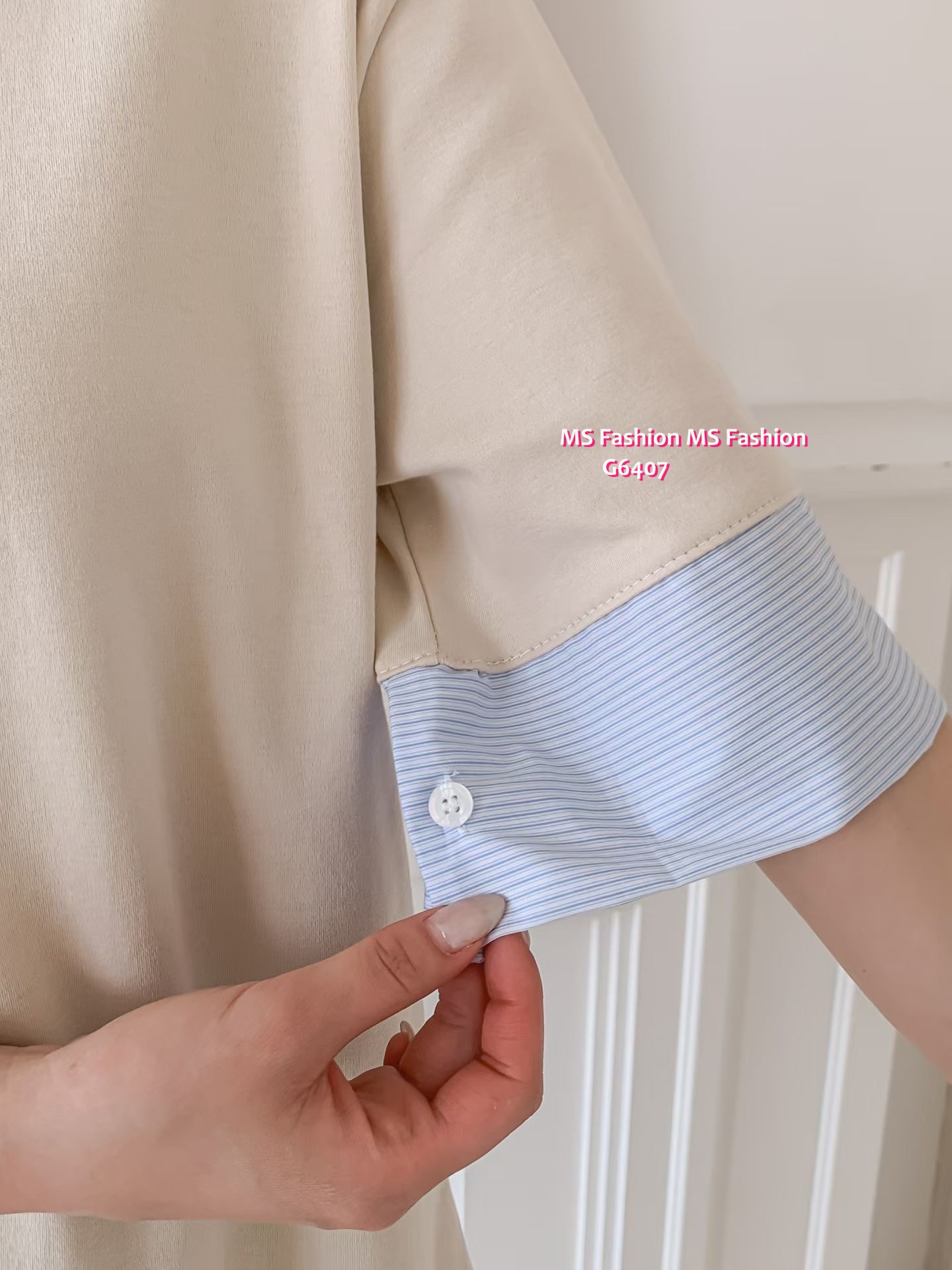 G6407 拼條子袖口top