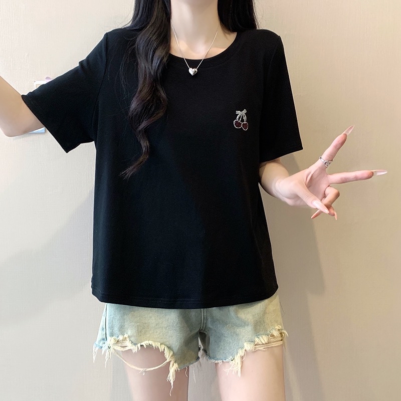 B123(3985) 韩系圆领短袖小烫钻樱桃3色上衣