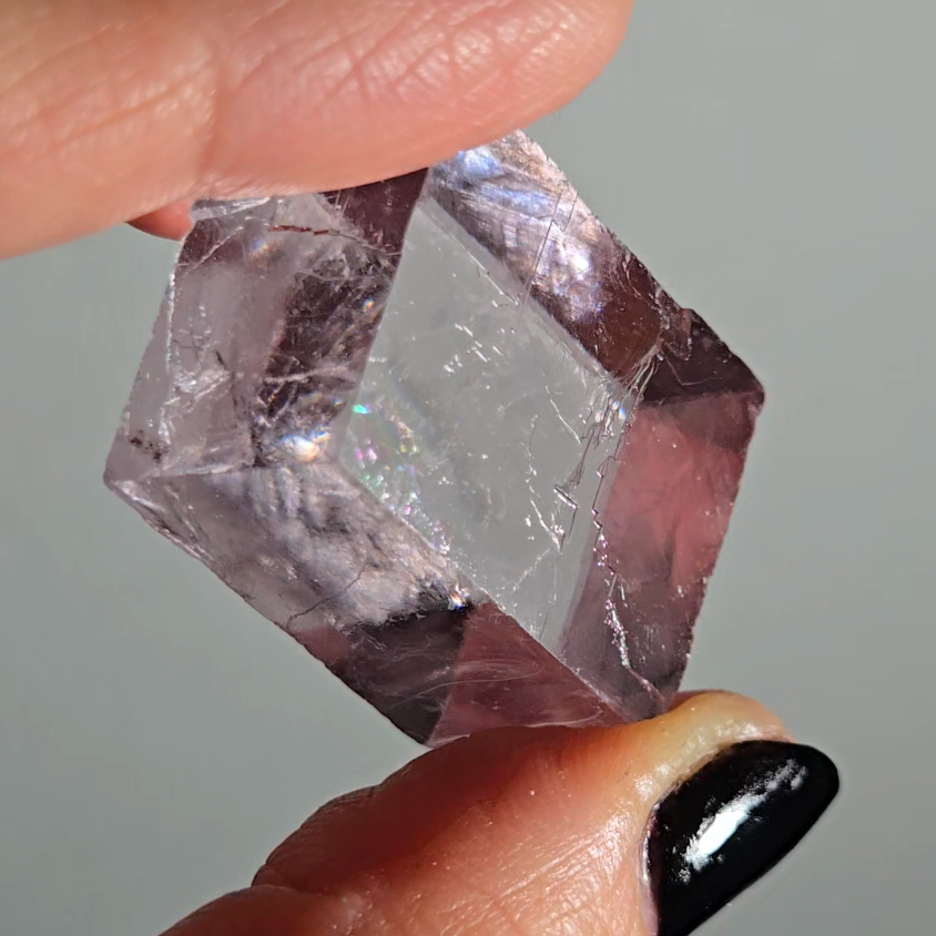 Purple calcite cube with rainbows - PC5