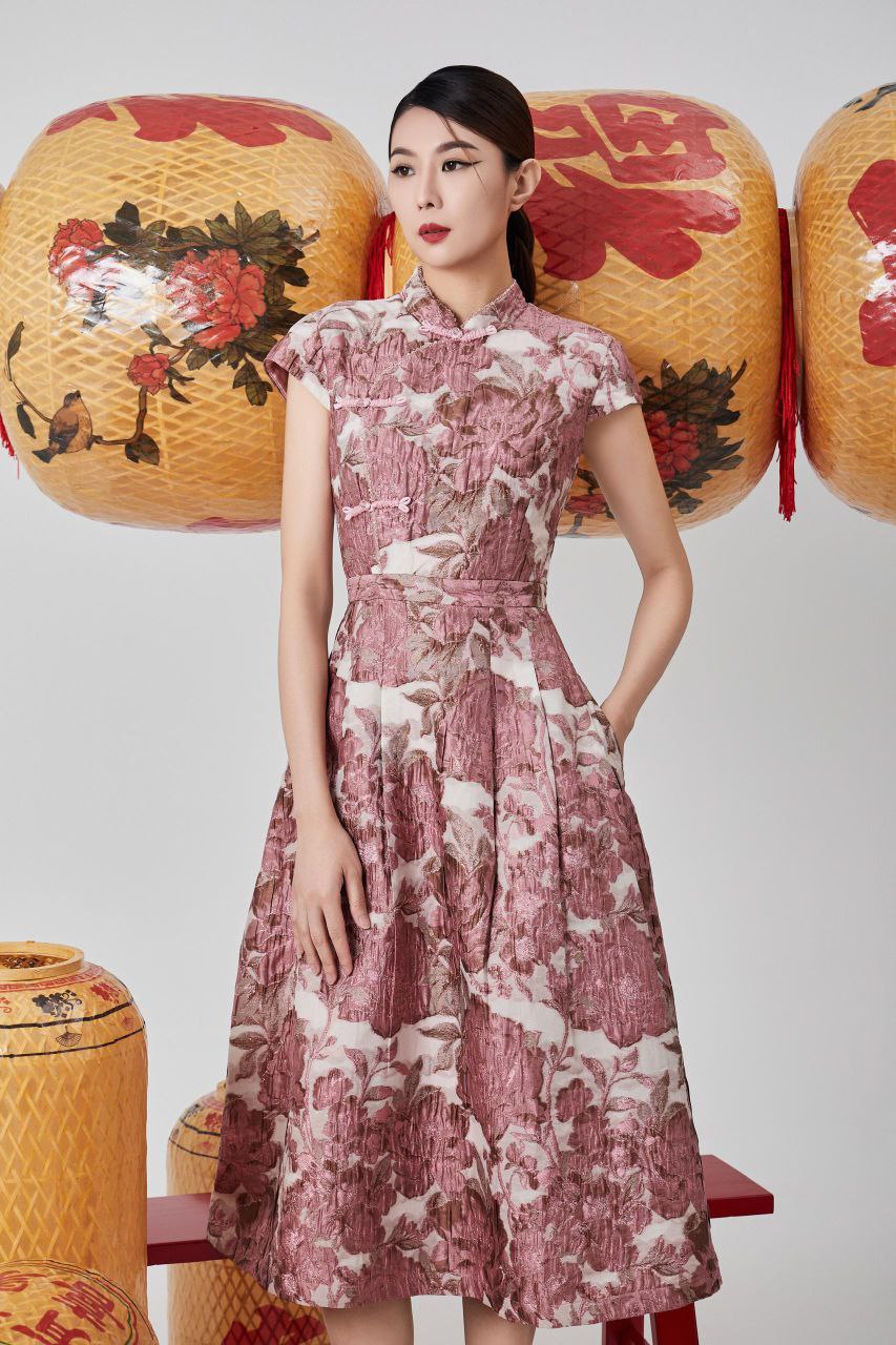 旗袍立领与斜襟盘扣连身裙 2118