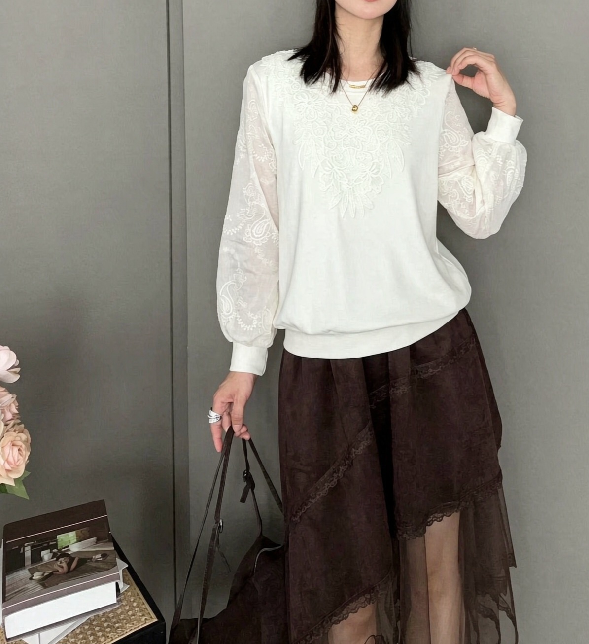 棉料蕾絲刺綉上衣(M38~40寸胸/L40~42寸胸/XL42~44寸胸)