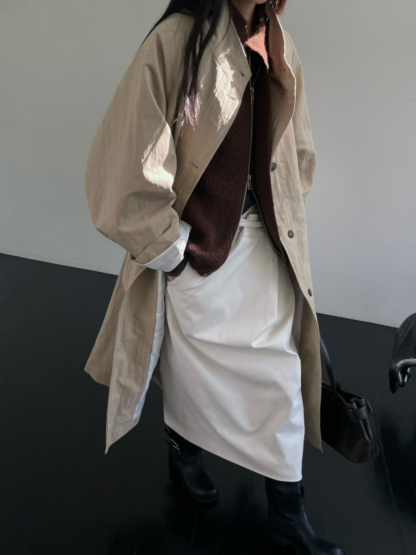 MILAE 韓系立領大口袋寬鬆微繭型長款大衣風衣