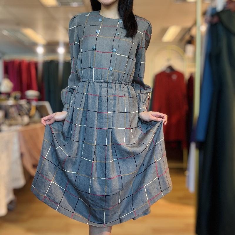 Vintage Checked Pattern Double-Breasted Day Dress (PP001-21)