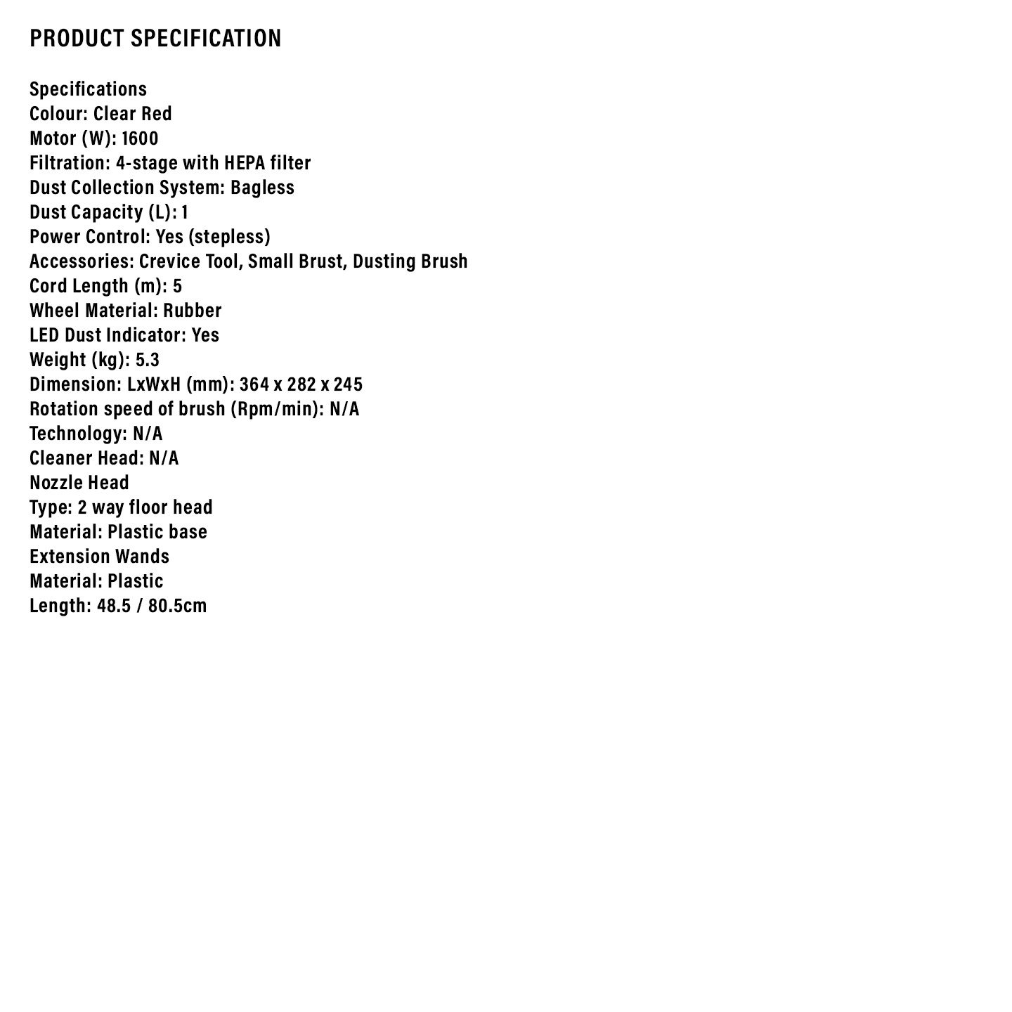 Sharp 1600W Bagless Vacuum Cleaner (ECNS16R)