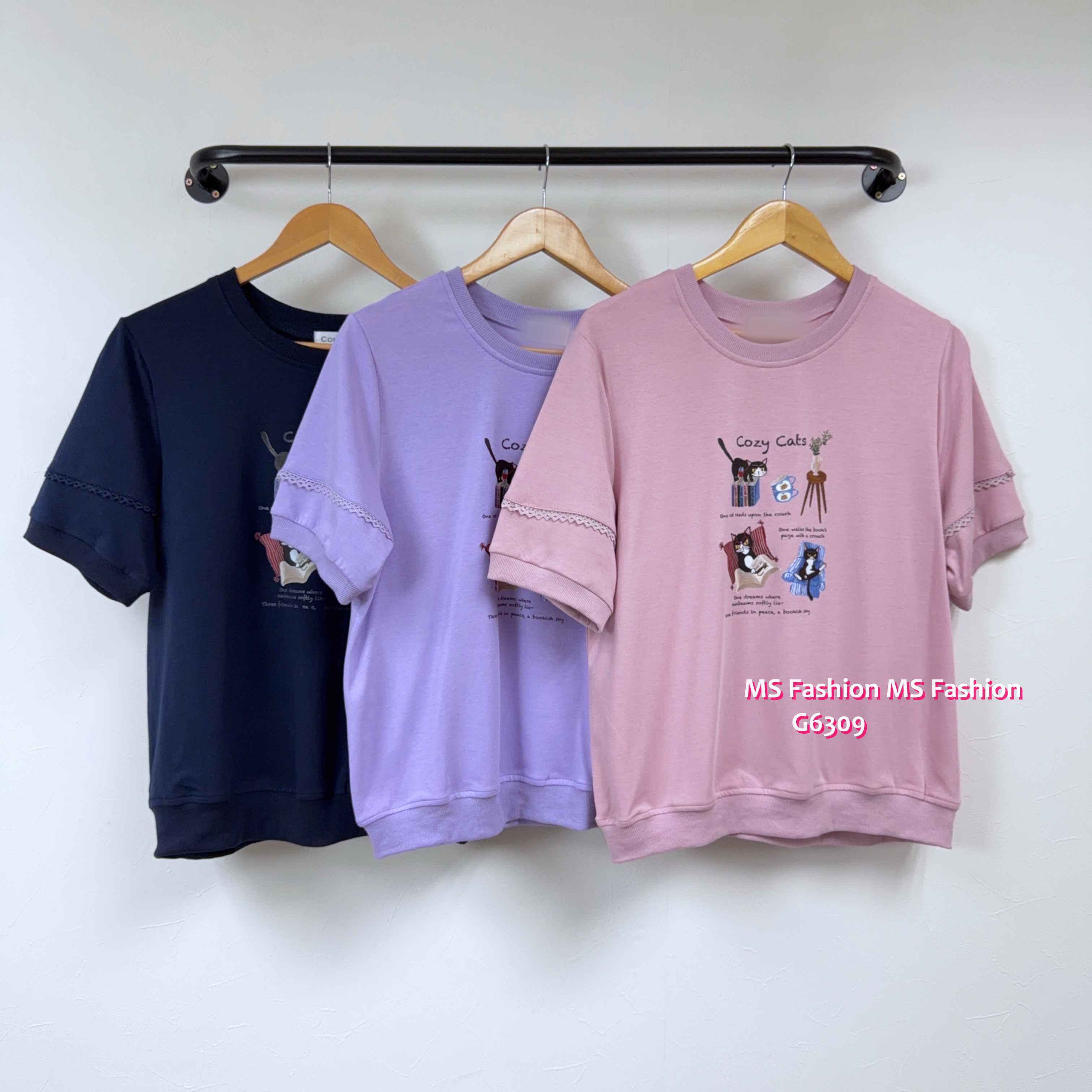 G6309 可愛黑貓花邊袖top
