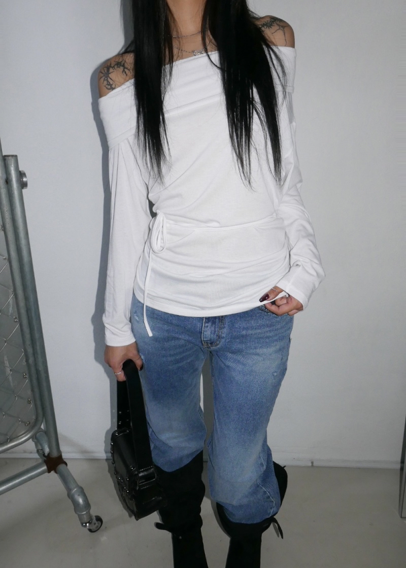 Off Shoulder Tie-Waist Long Sleeve