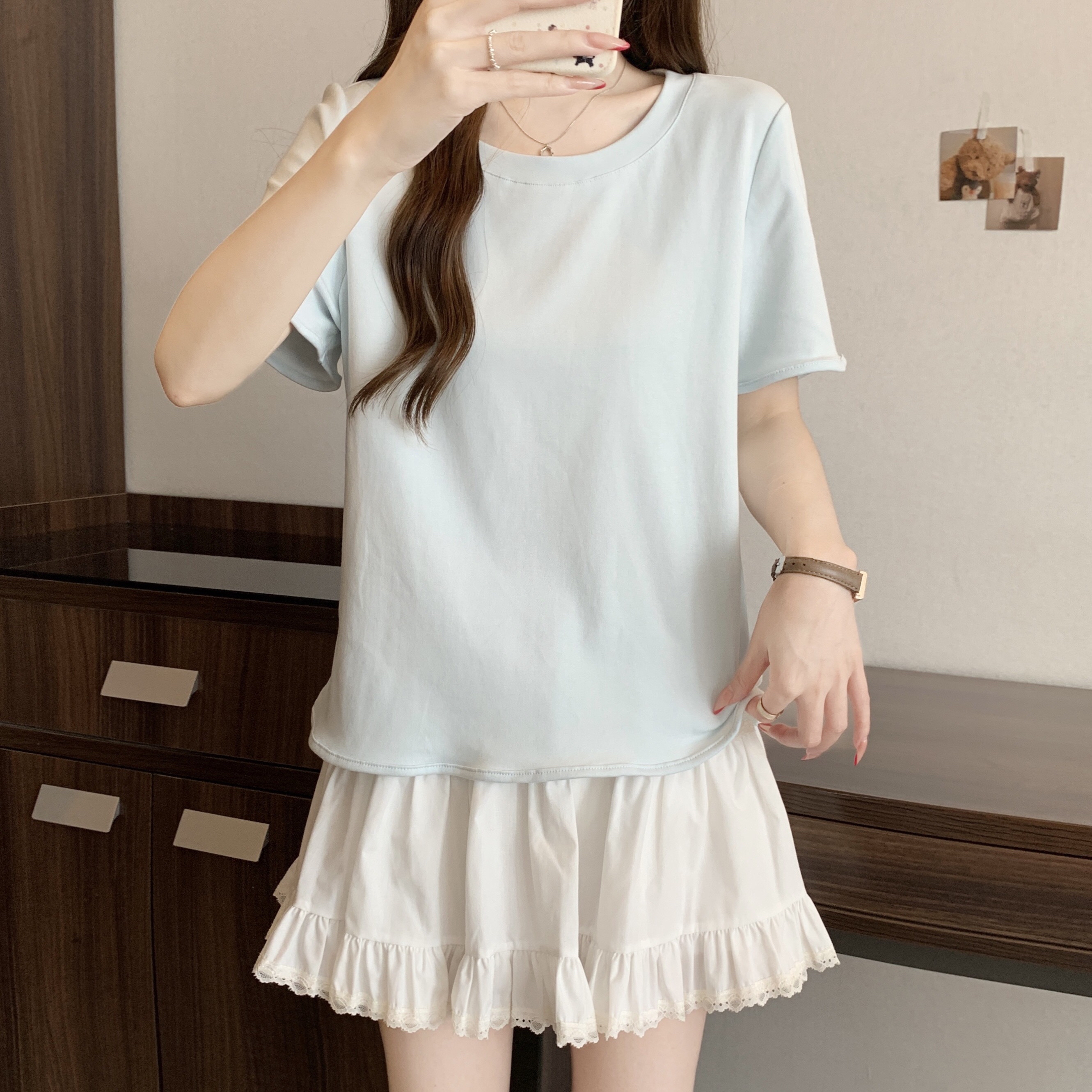 B230(81018) 韩版INS风圆领木耳边短袖与下摆4色上衣