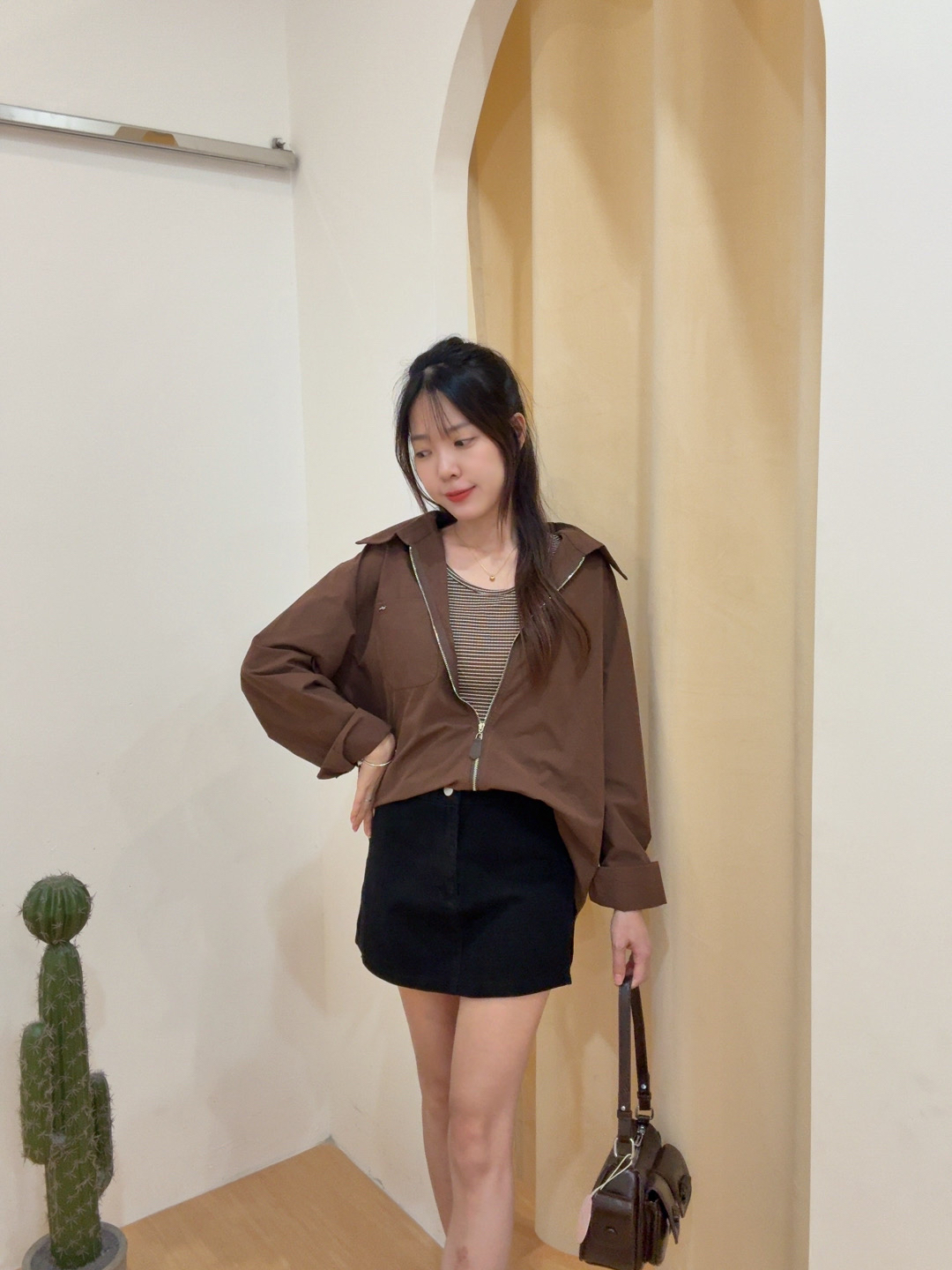 假两件条纹背心翻领拉链工装长袖上衣 R2757