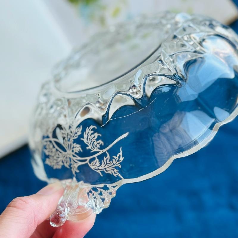 Vintage C.a. 1960s Silver Overlay Floral Pattern Glass Bowl with Scrollwork Handles (MT2013)