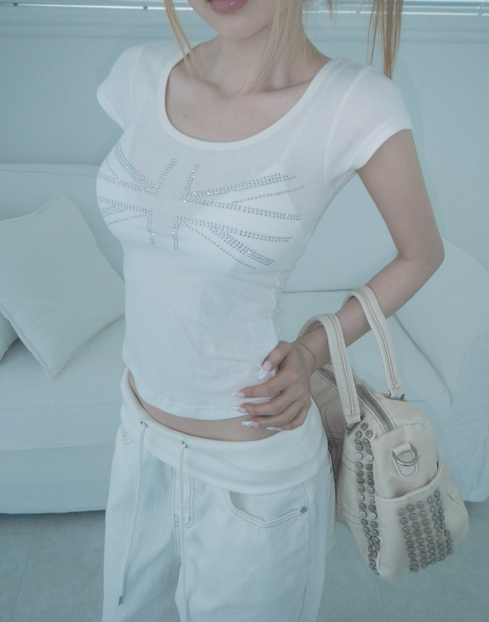 Rhinestone Scoop Neck Cap-Sleeve Top