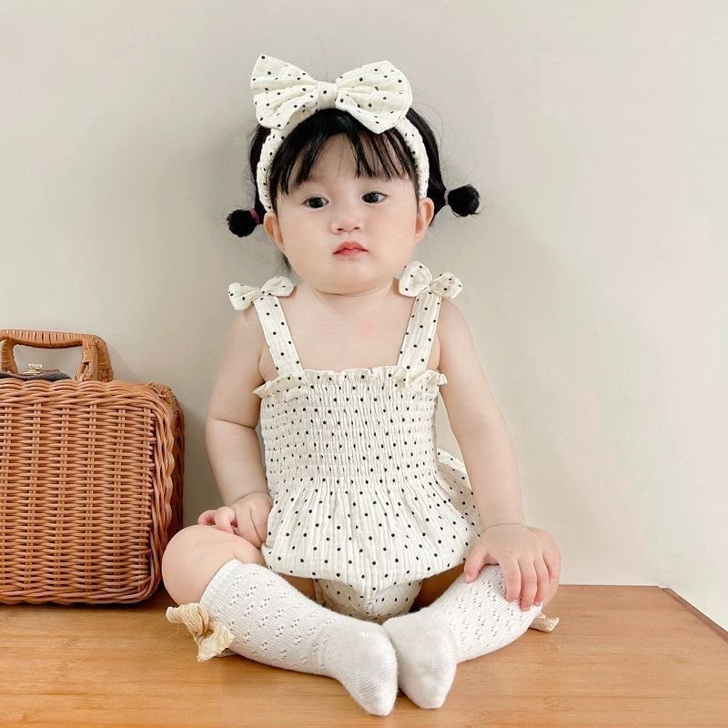 790901 | Adorable Baby Girl Polka Dot Smocked Romper