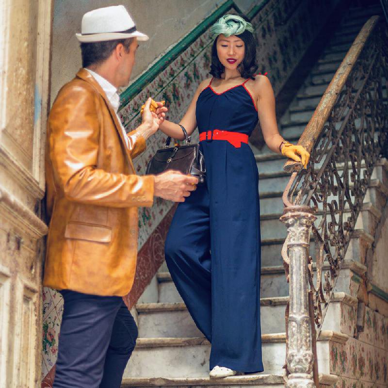SOLD OUT 1940s Spaghetti Strap Patriotic Jumpsuit with Belt(FM111)