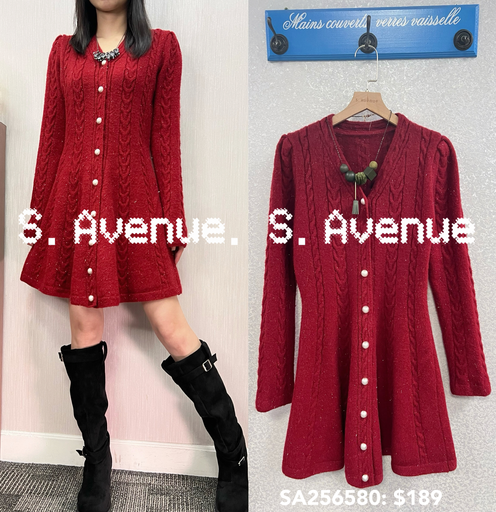 SA256580: 長袖V領有鈕織織花魚尾op