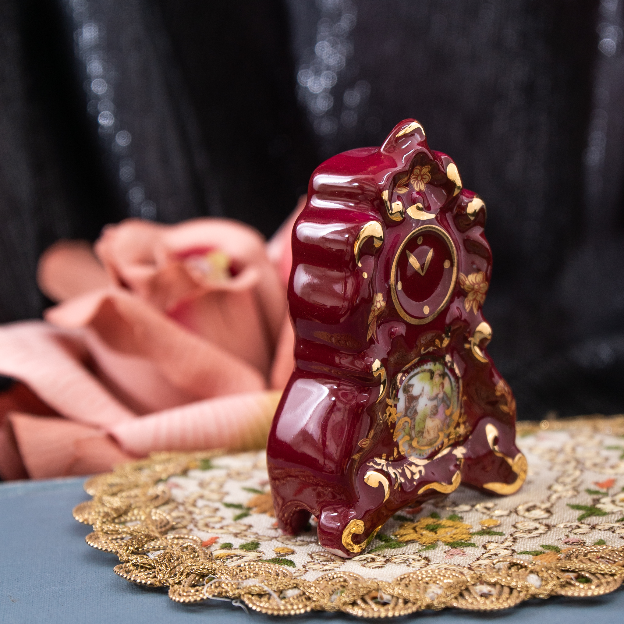 Vintage Mid-Century French Limoges Cranberry Red Porcelain Romantic Courting couple Miniature - Clock/ Cannon/ Shoe (MT1985)