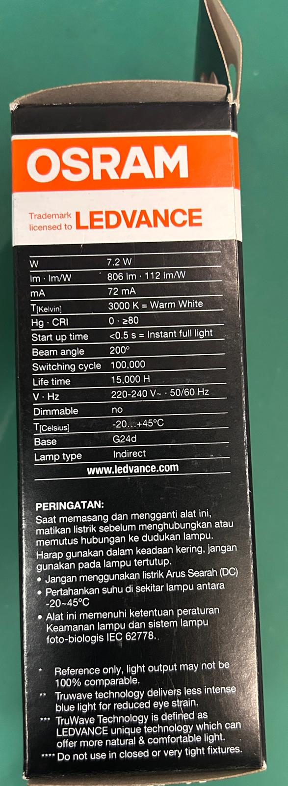 OSRAM LED Value Stick 7.2W W/W 3000K G24d AC63377