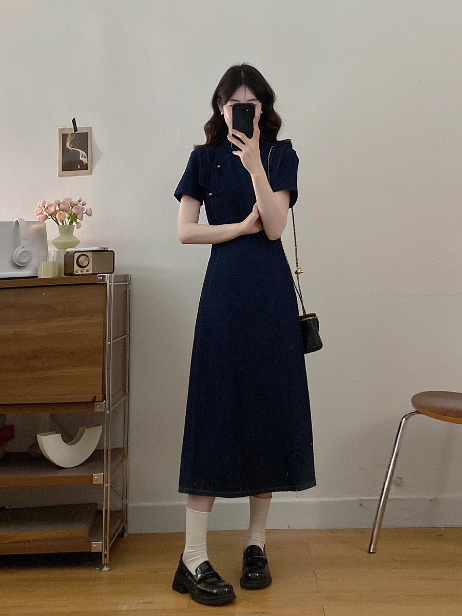 B154(3560) 新中式JEANS气质优雅木耳边肩蓝旗袍连身裙