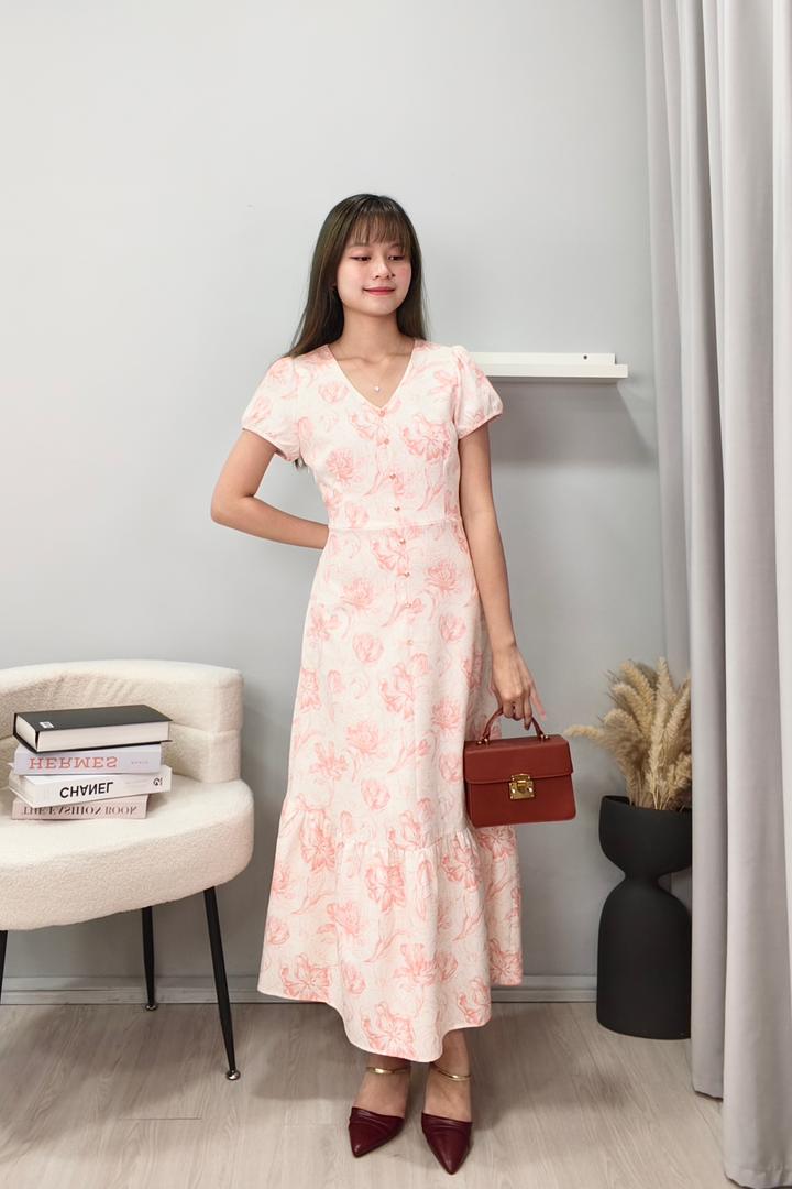 38557 Elegant Floral Ruffle Hem Maxi Dress