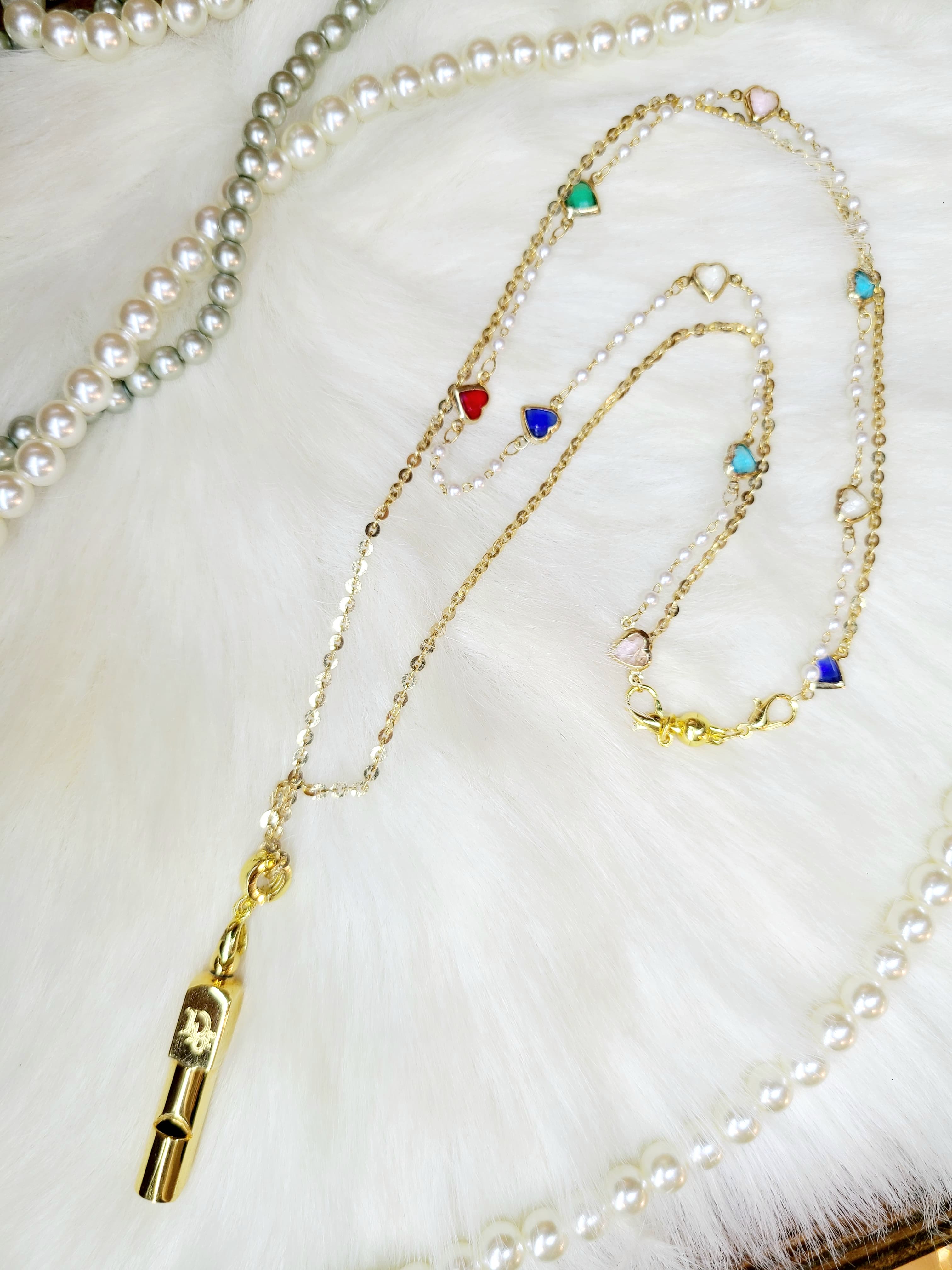Vintage Dior 哨子吊墜配upcycling 心型珍珠雙層包金頸鍊
