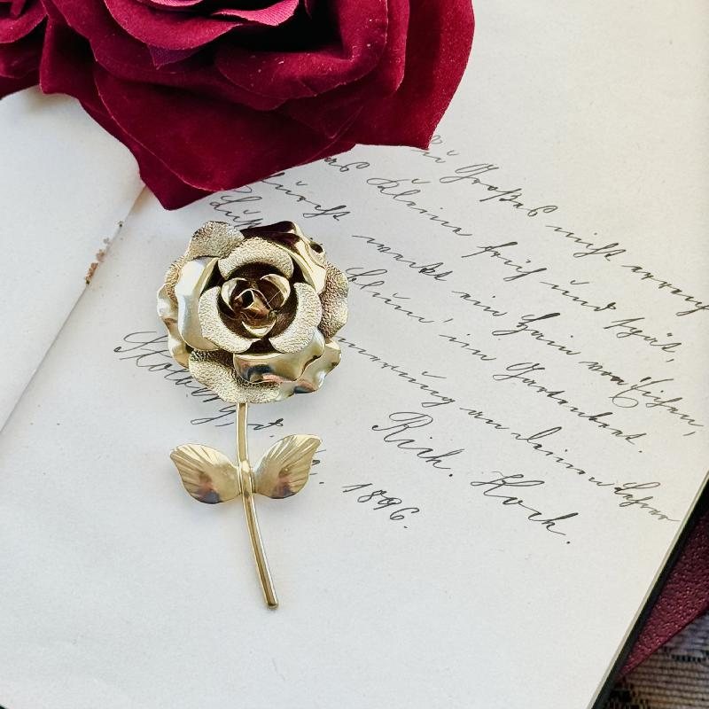 Vintage C.a. 1950-60s Mirror and Textured Champagne Gold Blossoming Rose Brooch with Stem(MT1737)