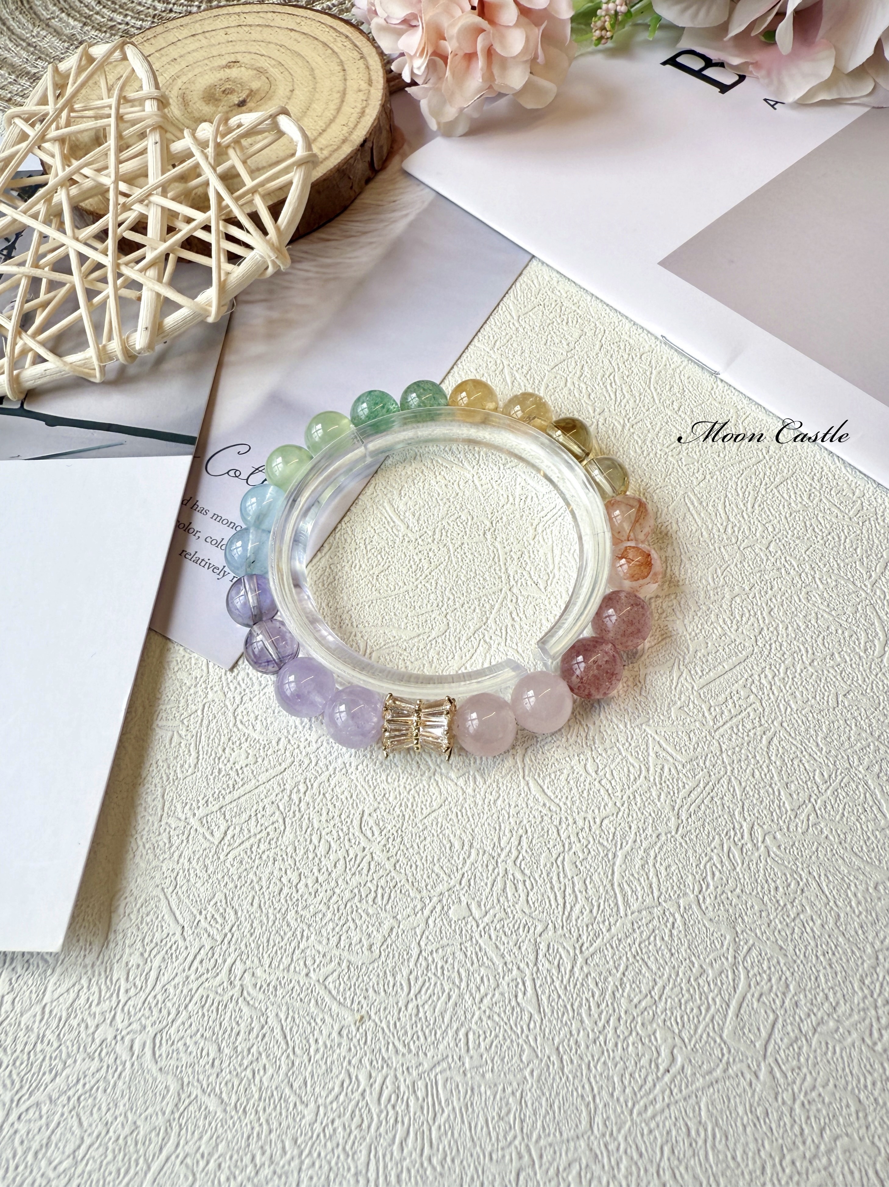 粉晶x草莓晶x紅膠花x黃水晶x綠草莓晶x葡萄石x海藍寶x巴西紫水晶x薰衣草紫晶手鏈