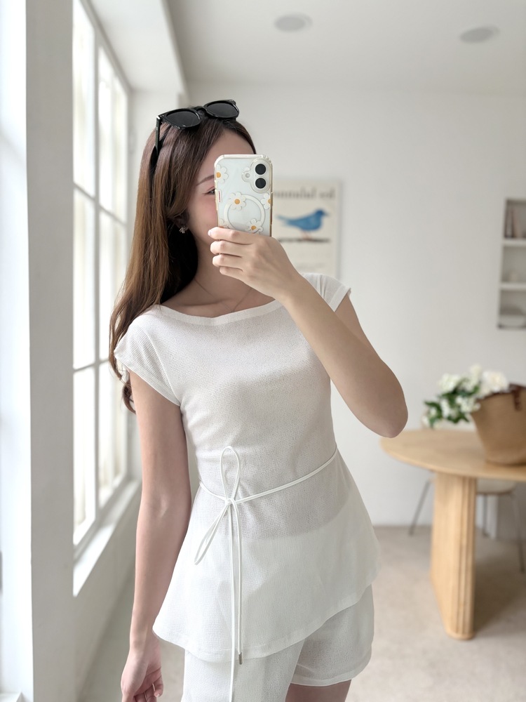 Elysian Boat Neck Belted Set (White)