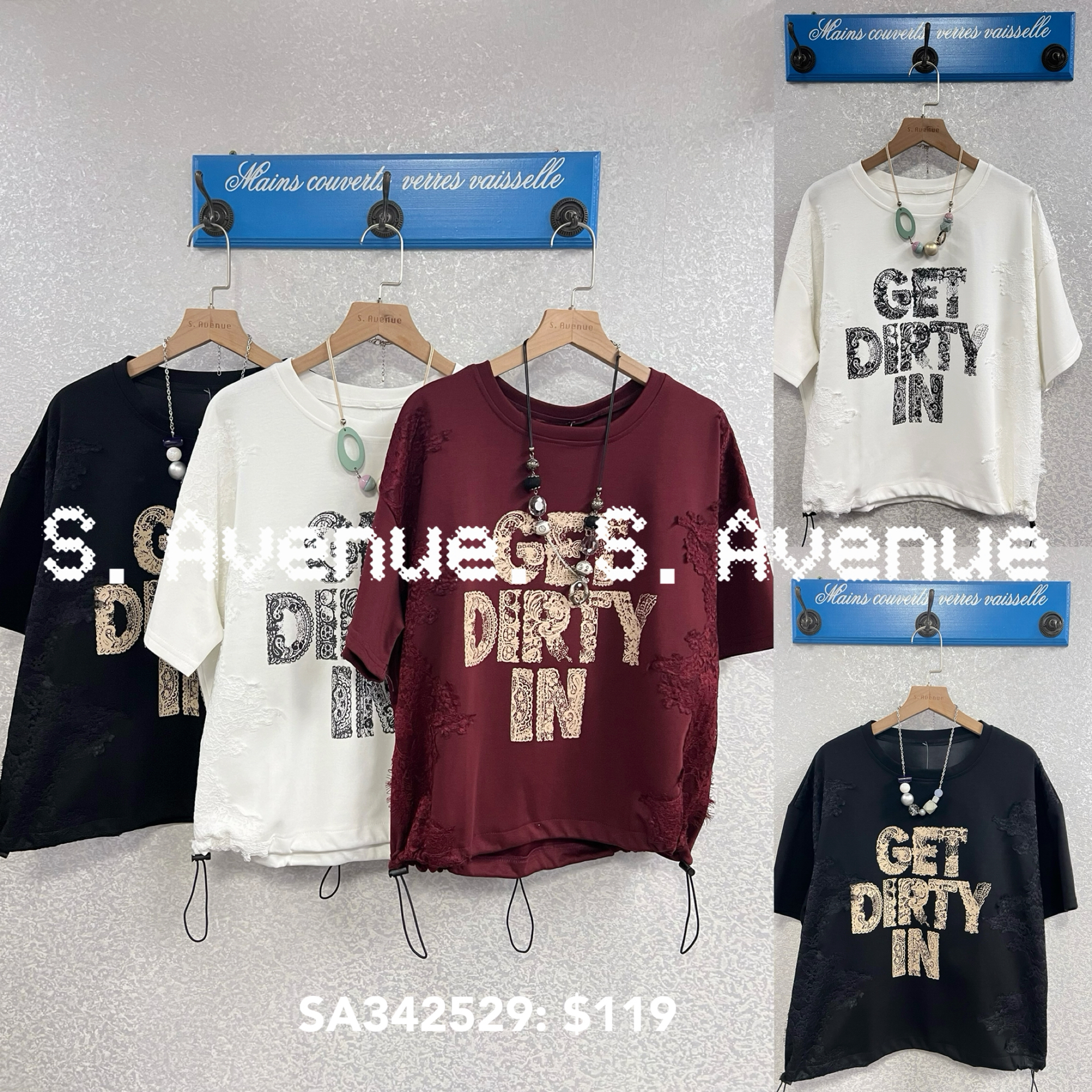 SA342529: 短袖側lace束腳get dirty tee