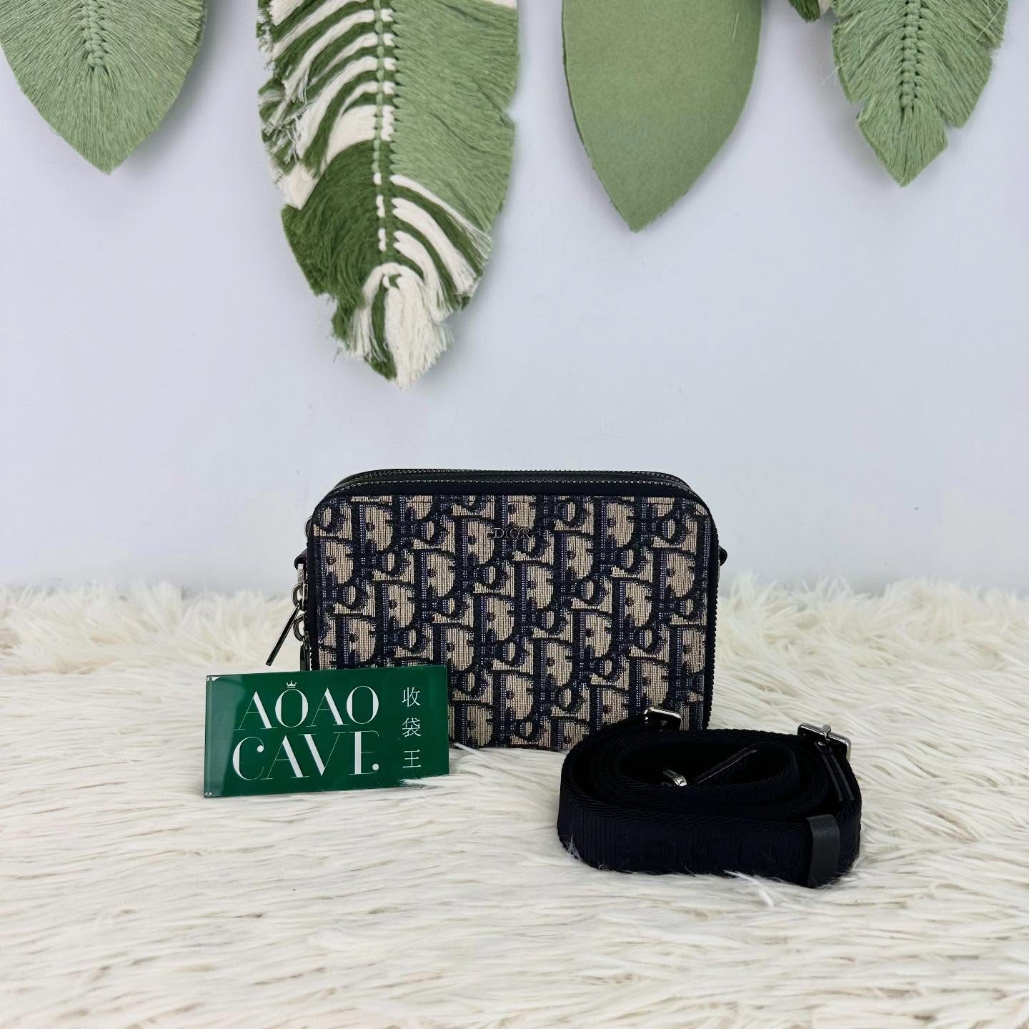 DIOR 🤍PRE OWNED Oblique 米黑色緹花相機包 斜肩包🖤