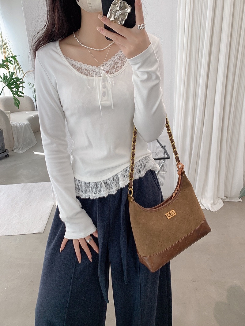 蕾丝花边拼接纯色上衣